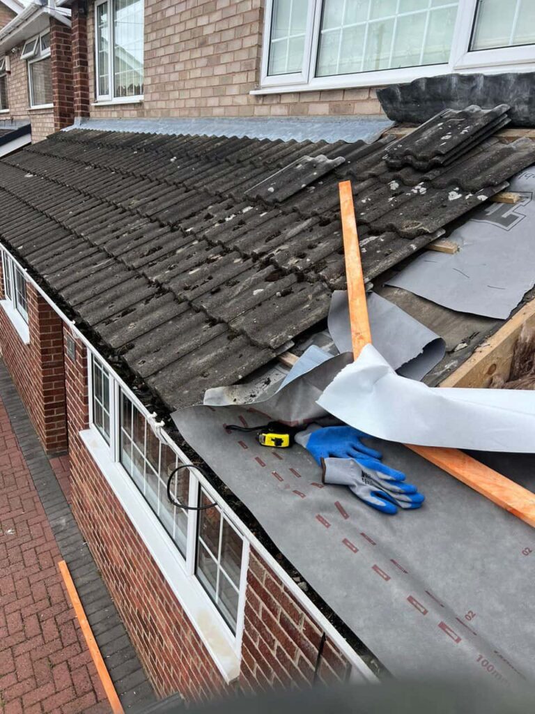 This is a photo of a pitched roof which is being repaired. The existing roof was leaking badly. Works carried out by Belper Roofing Repairs